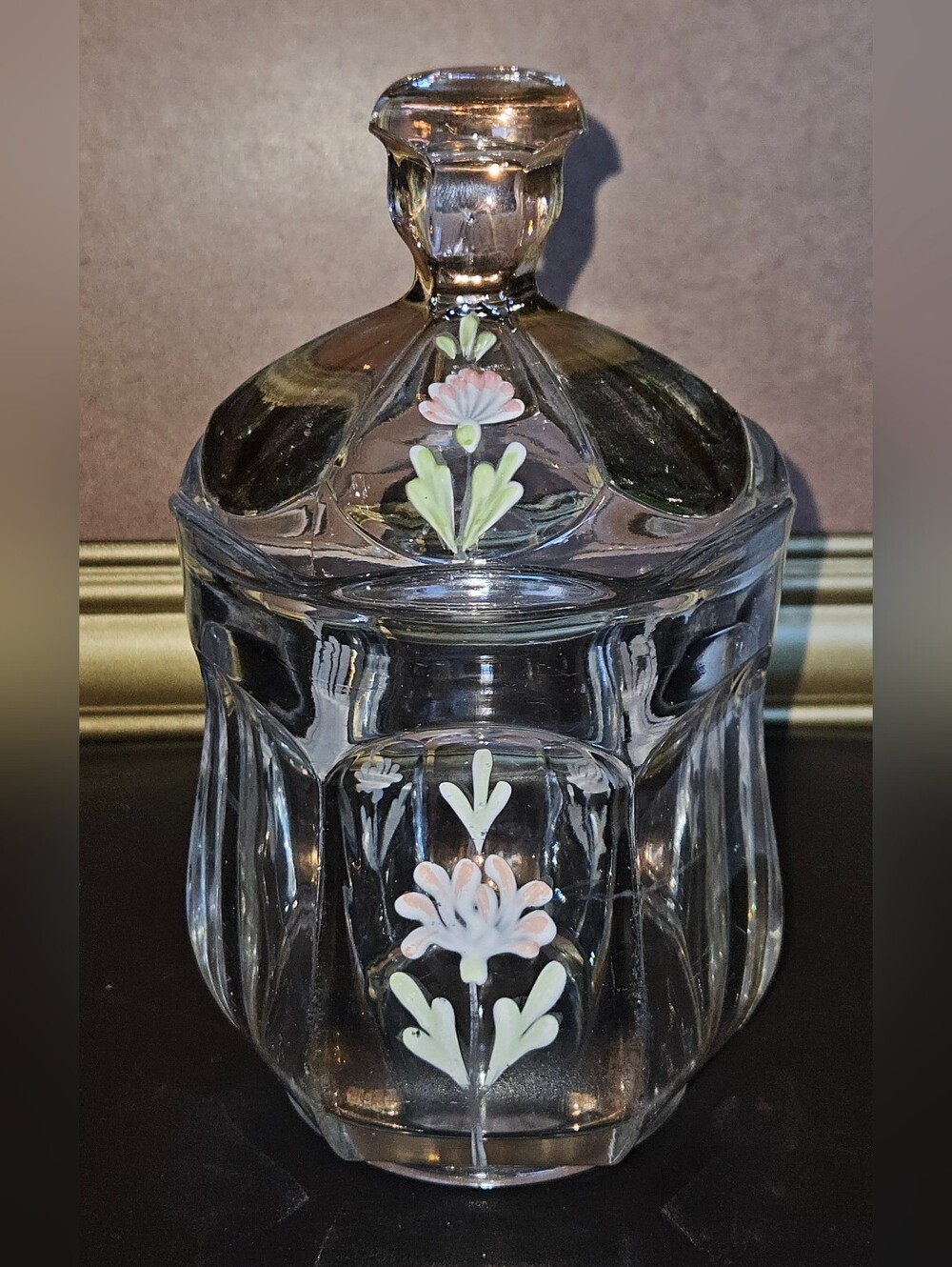 Vintage Clear Glass Lidded Jar with Hand-Painted Pink Floral Accents